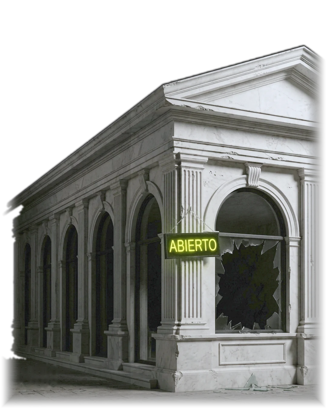 Fachada clásica de mármol con un letrero de neón que dice ABIERTO y la vitrina rota