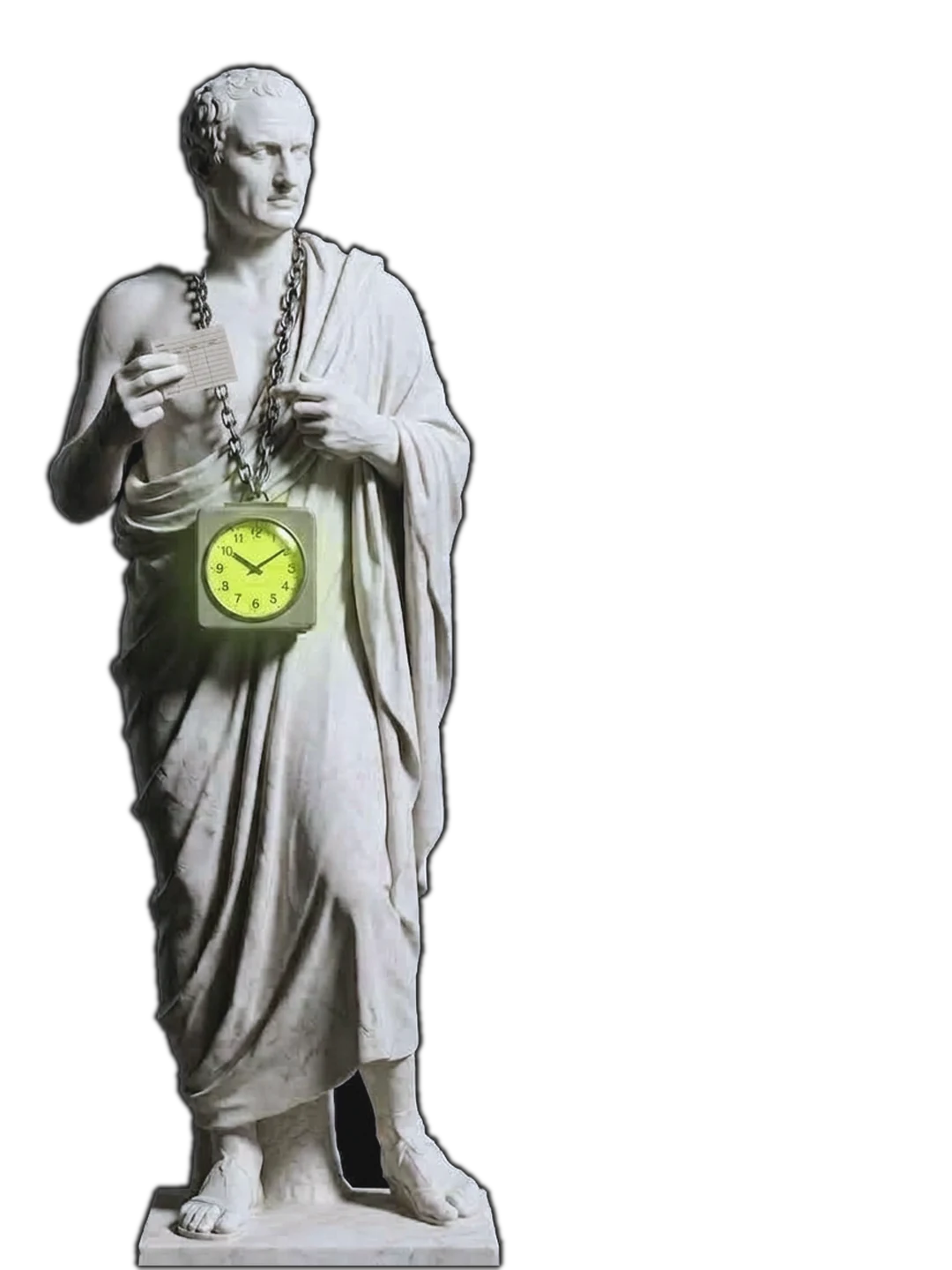 Estatua de mármol con un reloj encendido colgado del cuello